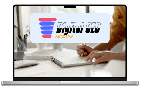 A laptop screen displays the "Digital CEO Academy" logo, featuring a red and blue funnel graphic next to the text.