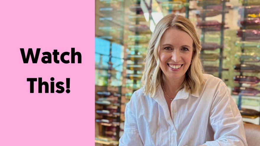 Julie Kinne close-up smiling with a text "Watch This!"