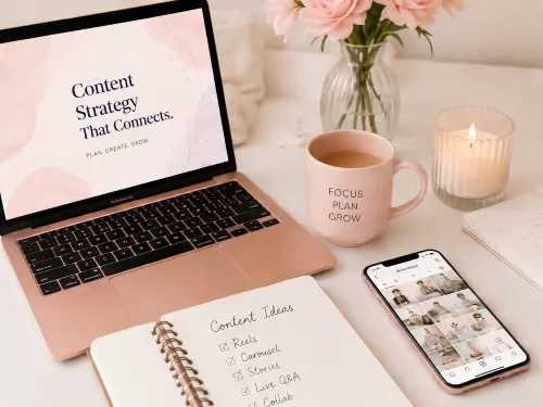 A rose gold laptop displaying a content strategy slide next to a pink mug with the words "Focus Plan Grow," a smartphone showing a social media grid, and an open spiral notebook listing content ideas on a white desk.
