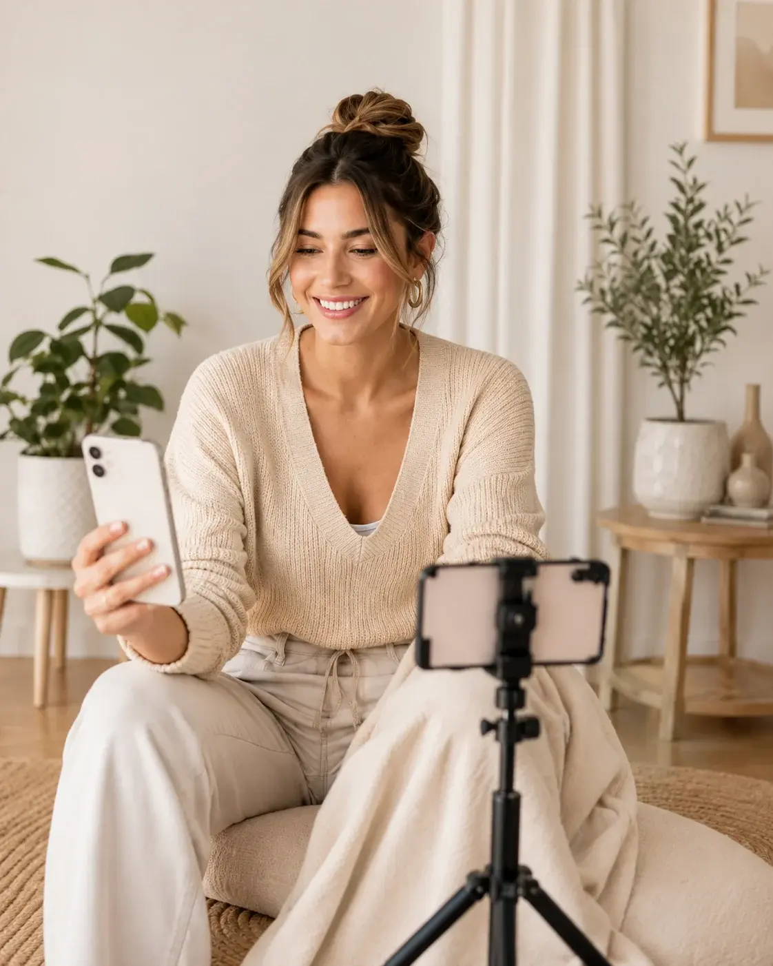 A smiling young woman sitting, holding a smartphone while recording video on another phone creating content to grow followers online.