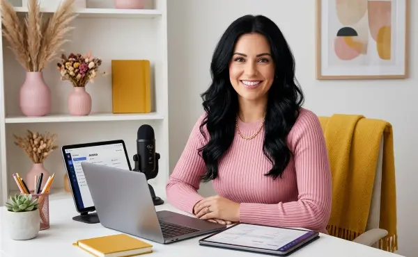A professional woman with dark hair smiling at her white desk in a home office setup